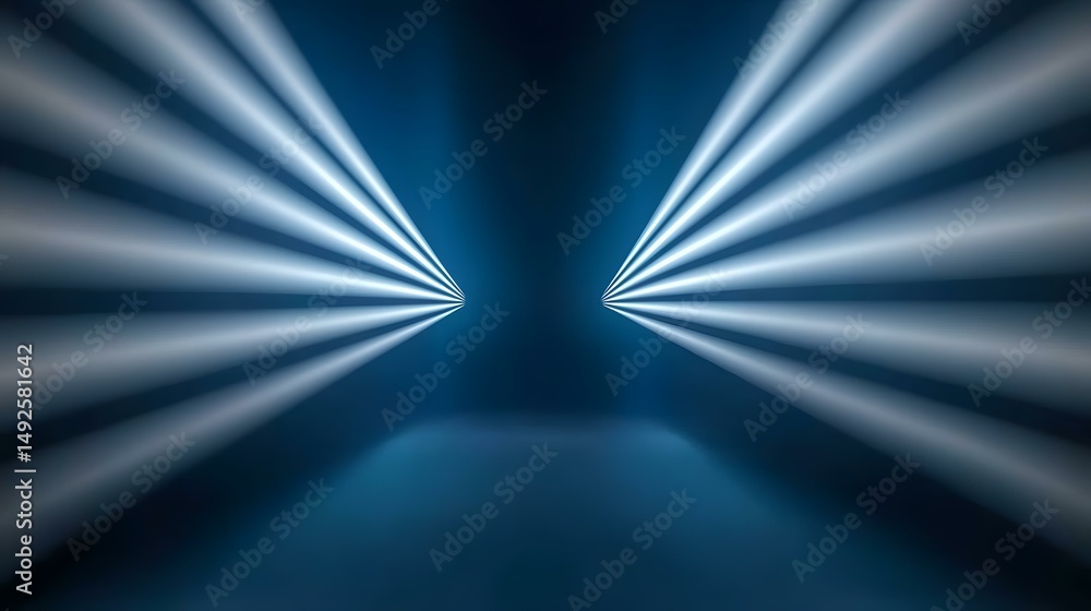 Poster the image contains a dark blue background with bright white light beams emanating from a central poi
