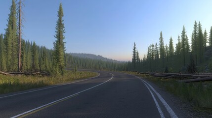 Fototapeta premium A winding road through a coniferous forest at dawn.