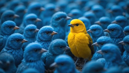 Vibrant Yellow Bird Among a Flock of Blue Birds Creating a Striking Contrast in Nature