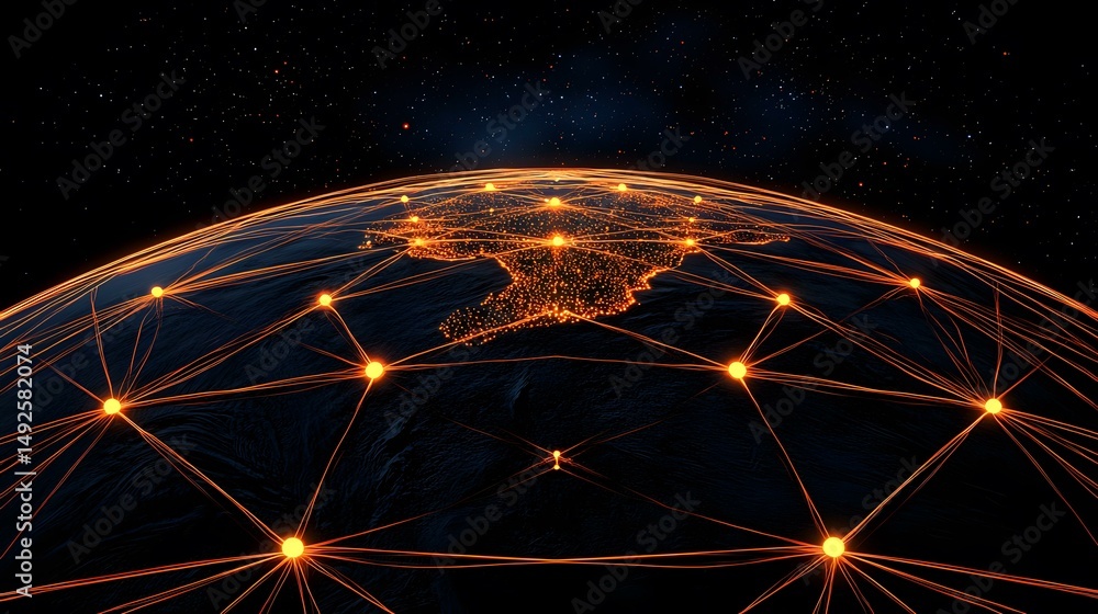 Aufkleber the image shows a dark, stylized depiction of the earth at night, with glowing orange lines connecti