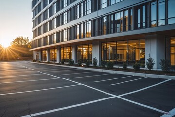 Obraz premium Sunlit Parking Lot Next to Contemporary Business District Building Facade