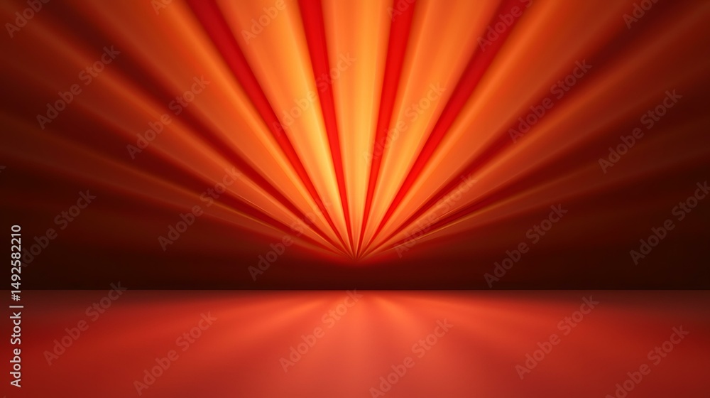Poster the image contains an abstract background featuring radiating orange and red stripes converging at a