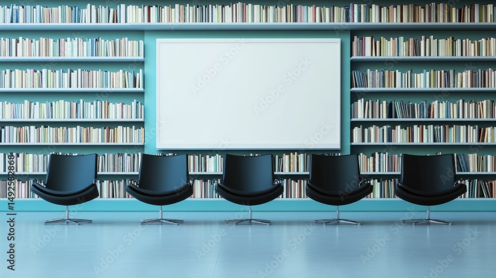 Poster modern library interior with empty display and seating.