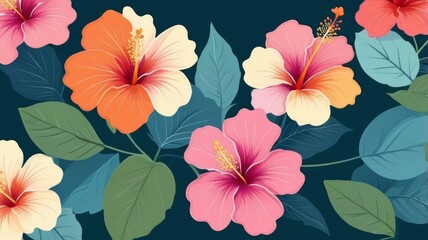 Illustration of vibrant tropical flowers against a dark background, showcasing rich colors.