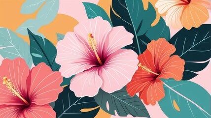 Vibrant tropical flowers displayed against a soft pink background, showcasing a colorful and lively floral arrangement.