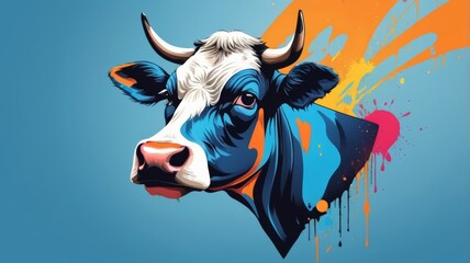 A cow with vibrant paint splatters on its head, showcasing a playful and artistic appearance.