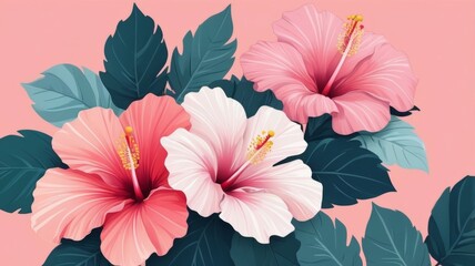 Pink hibiscus flowers against a soft pink background, creating a vibrant and harmonious floral composition.