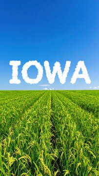 Iowa skywriting over verdant cornfield under blue sky