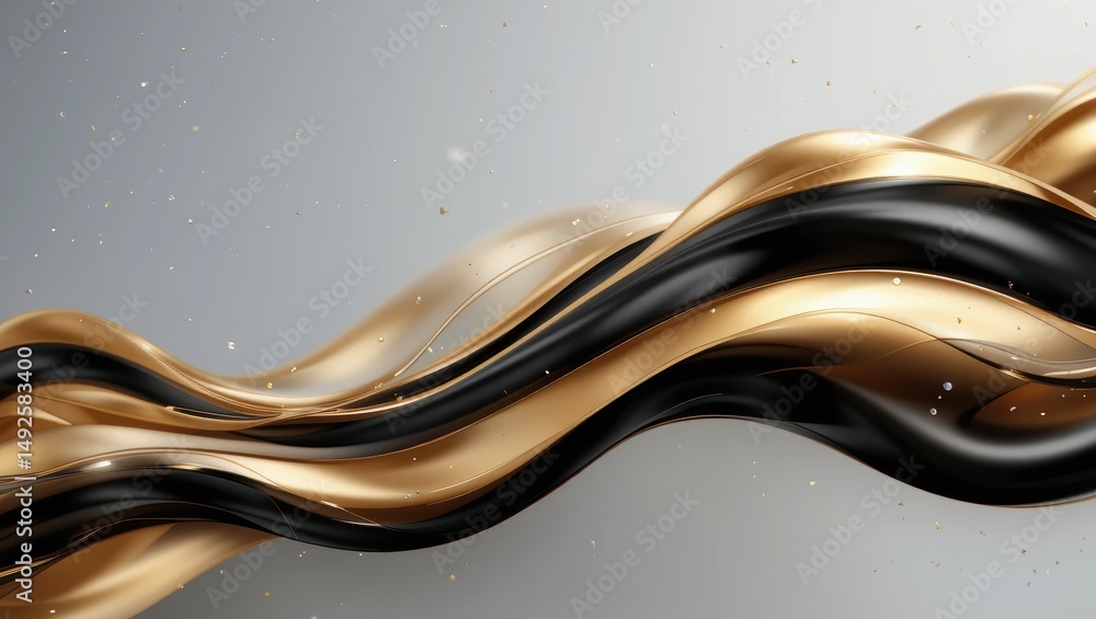 Poster abstract fluid wave of gold and black with shimmering texture on a soft gradient background