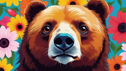 A painted bear stands in a vibrant field filled with colorful flowers.