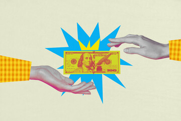 Pop zine trendy art magazine photo collage of hand hold money dollar banknote income success capital earnings progress cash
