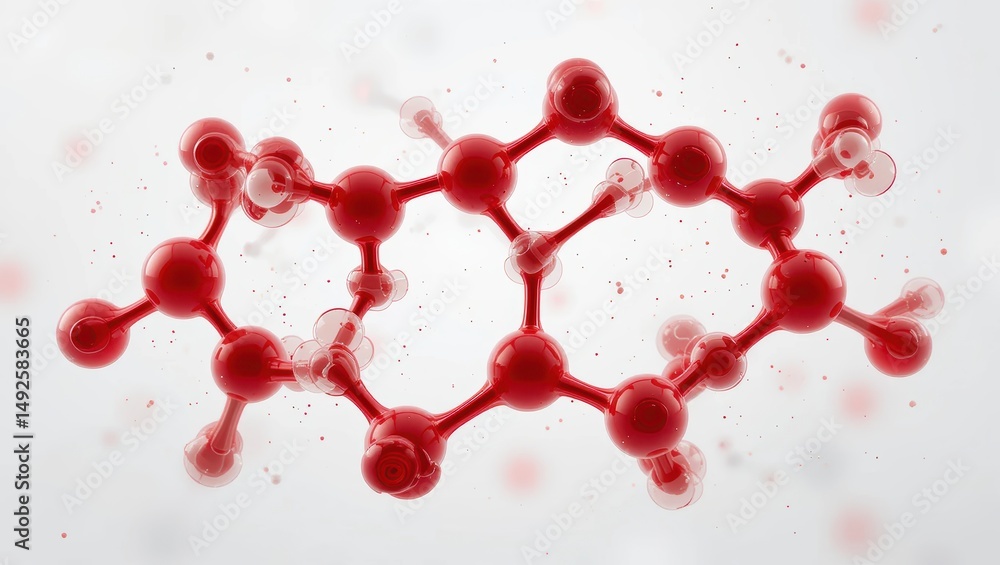 Poster abstract representation of a red molecular structure with glowing atoms and particles on white backg