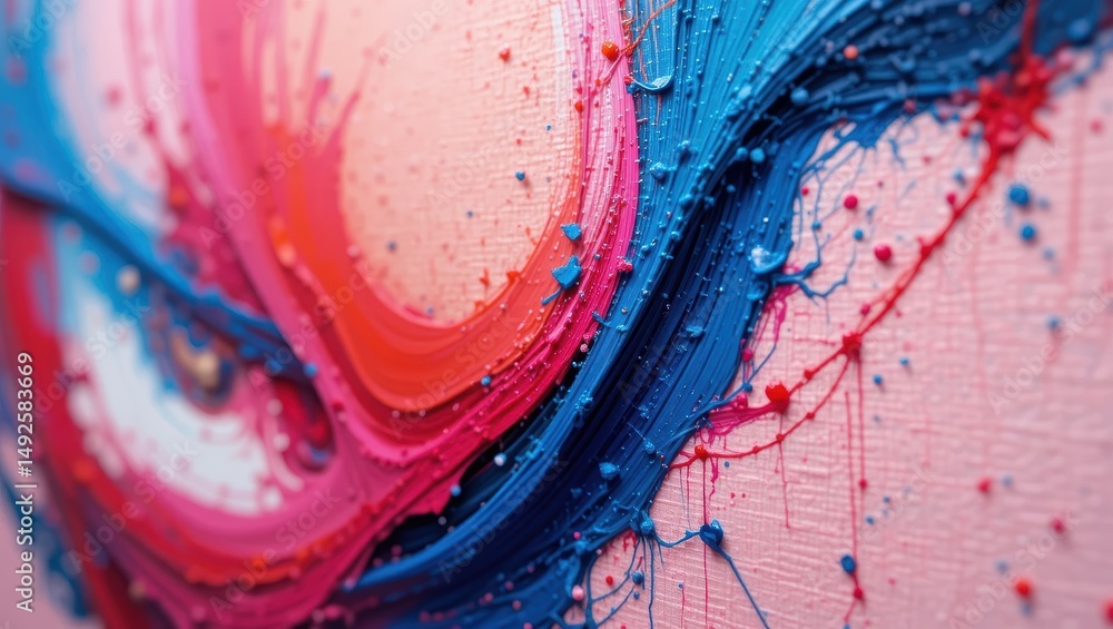 Poster abstract painting with vibrant swirls in red and blue on textured canvas background