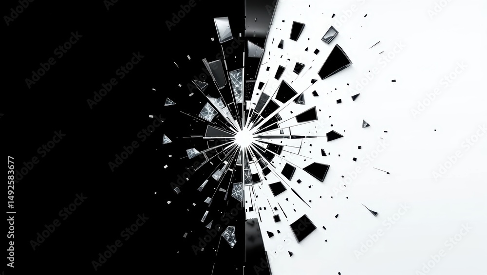 Aufkleber abstract shattering glass effect in black and white creating dynamic visual contrast