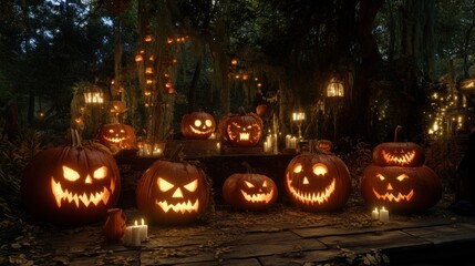 Illuminated carved pumpkins arranged in a spooky, autumnal forest setting with candles and hanging lights