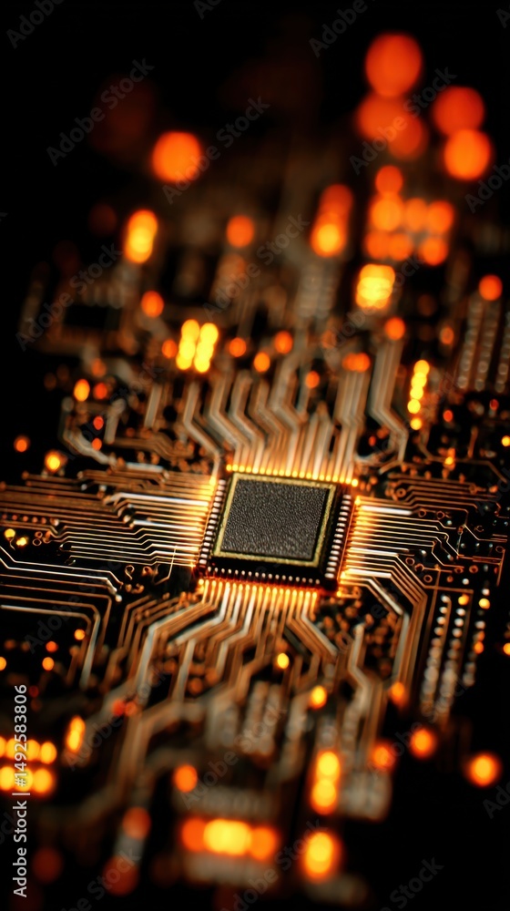 Aufkleber macro shot of computer chip on circuit board with glowing orange light technology background