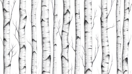 A seamless pattern of slender birch tree trunks, their white bark marked with black streaks, set against a clean white background