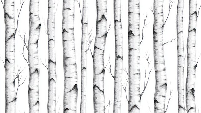 A seamless pattern of slender birch tree trunks, their white bark marked with black streaks, set against a clean white background