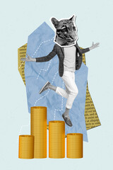 Pop surreal collage of person with cat face stand up coins stock over blue background