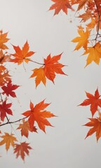 Fototapeta premium Crisp, vibrant red and orange maple leaves falling against a pure white backdrop , red, october