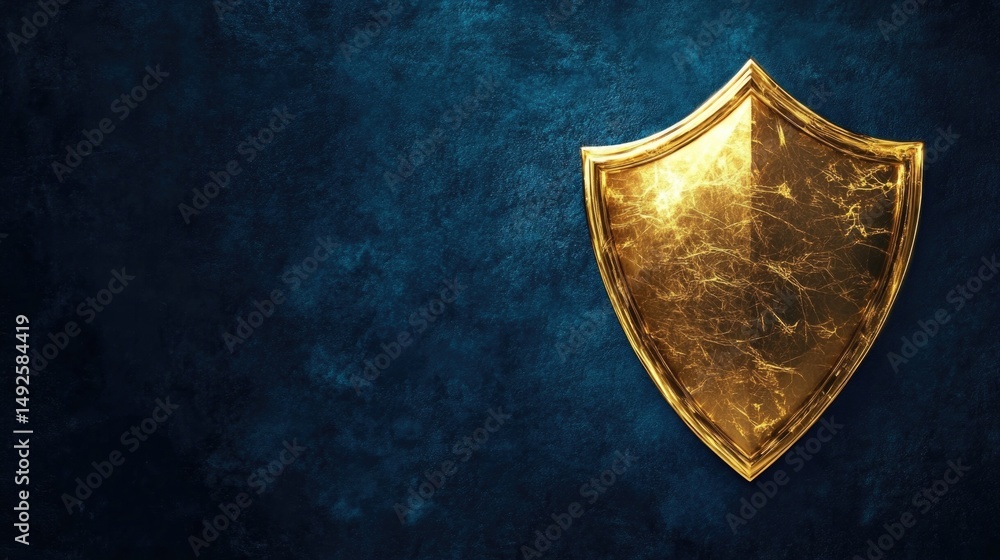Poster golden shield protection illuminated by sparks. security, data safety, privacy services backdrop for