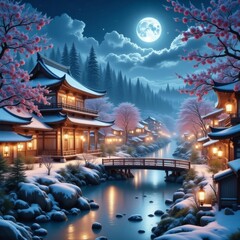 Snow covered Japanese village in the mountains Generated image	