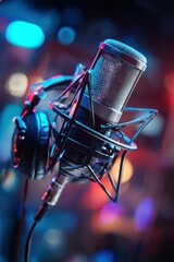Studio microphone with headphones close up shot in colorful stage lighting for podcast or music recording
