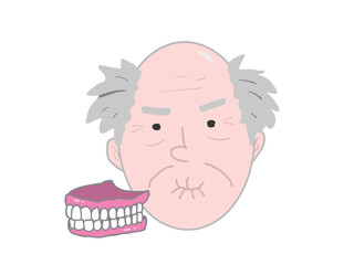 Illustration of an old man's face with his dentures removed and dentures lined up next to his face