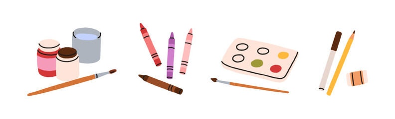 Art supplies set. Gouache paint, brush, oil pastel, watercolor palette and paintbrush, pencil and liner. Drawing tools, creative accessories. Flat vector illustration isolated on white background