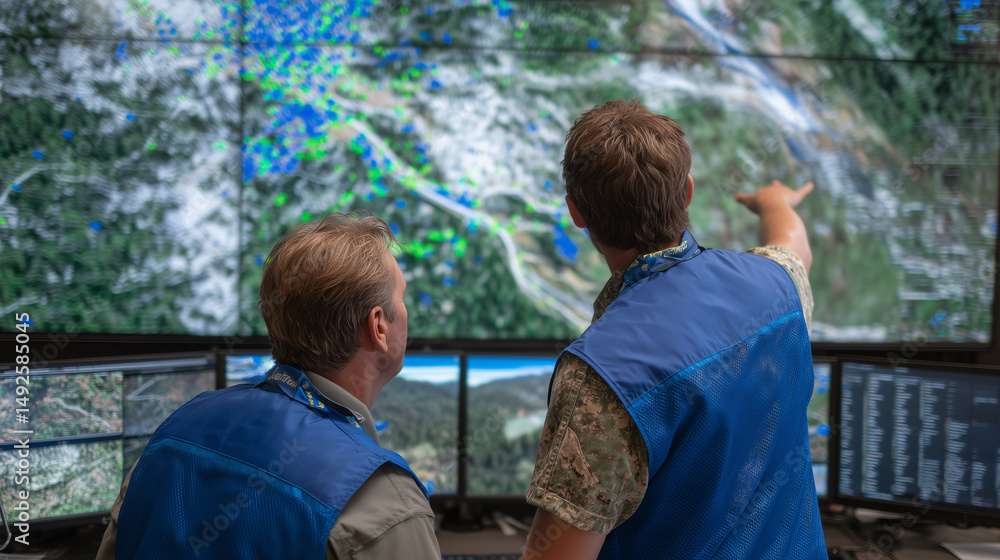Aufkleber command center filled with led monitors, rescue workers discussing response protocols while pointing