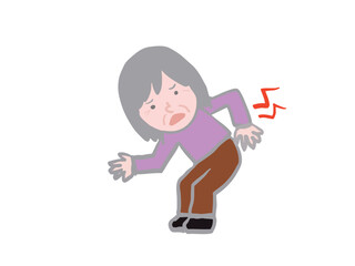 Illustration of an elderly woman with gray hair suffering from severe pain in her lower back and backache