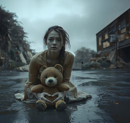  Young woman has been through a storm  and the only thing she has left is her teddy bear Generated image