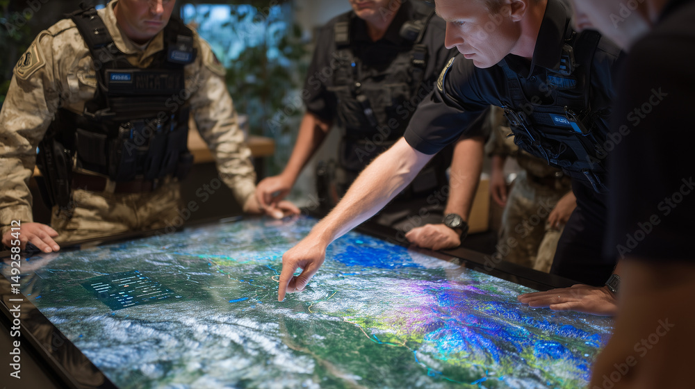 Aufkleber emergency services team gathered around a glass table with an embedded smart map, analyzing threat z