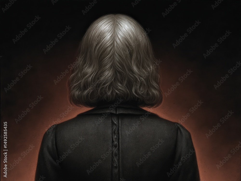 Poster a contemplative figure with textured gray hair styled in soft waves is seen from the back against a 