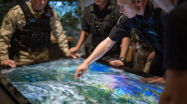 Emergency services team gathered around a glass table with an embedded smart map, analyzing threat zones and resource movement across affected areas