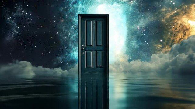 open door reflecting in surreal water with space and clouds; light shining through doorway to sky