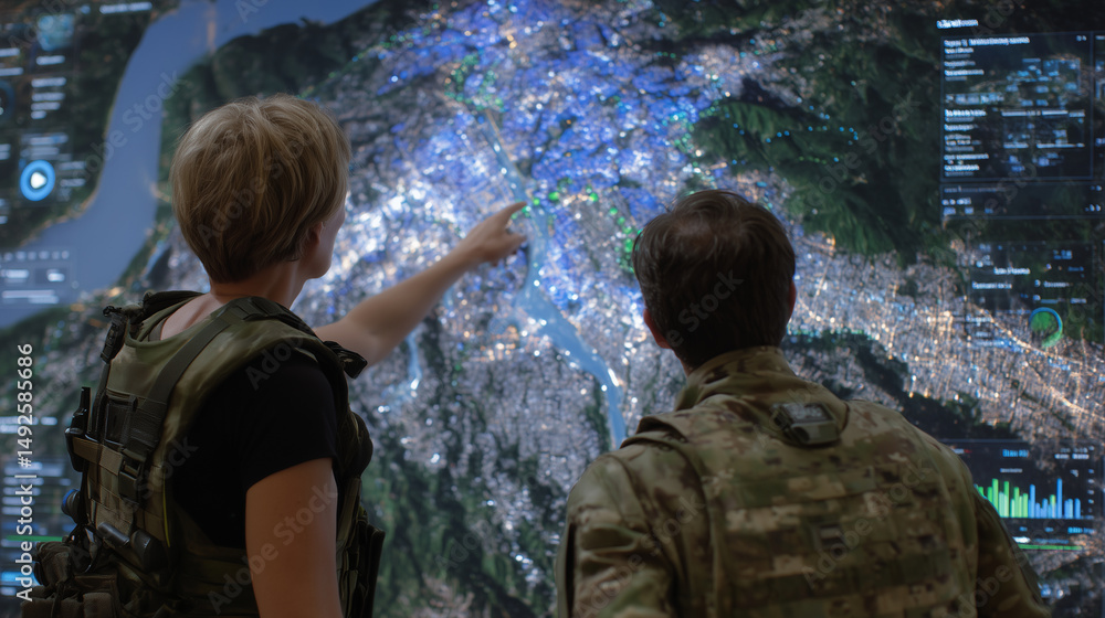 Aufkleber team of emergency responders using virtual interface tools overlaid on a wall map to strategize depl