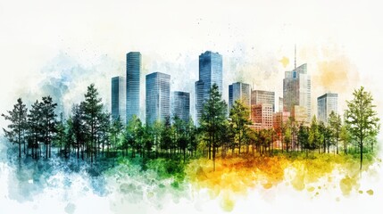 Fototapeta premium Watercolor City Skyline and Forest A Serene Blend of Urban and Natural Elements