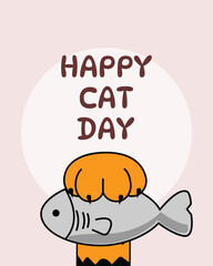 Cute paw with fish, celebration poster, playful pet greeting, modern and minimal, isolated on white