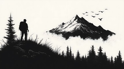 Silhouette hiker on mountain peak