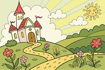 Fototapeta premium 181 fairytale garden, vibrant colors, whimsical architecture, lush greenery, colorful flowers, winding path, sun rays, puffy clouds, storybook scene, cartoon-like style, imaginative composition