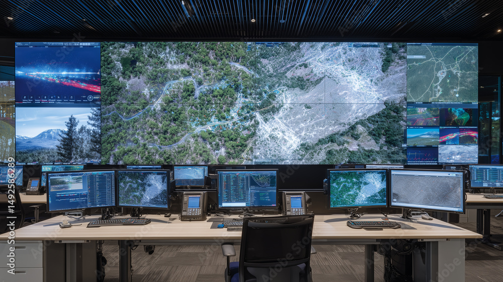 Poster crisis room filled with large-format screens, rescue teams coordinating flood rescue with drones, gp