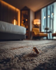 Cockroach crawls on carpet in luxury hotel room at low angle showing pest control problem and infestation