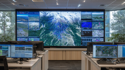 Crisis room filled with large-format screens, rescue teams coordinating flood rescue with drones, GPS tracking, and real-time citizen distress markers on display