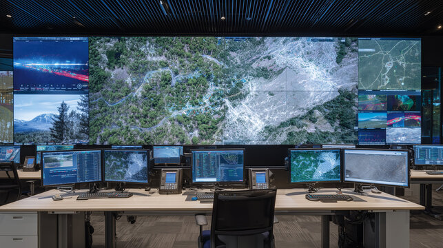 Crisis room filled with large-format screens, rescue teams coordinating flood rescue with drones, GPS tracking, and real-time citizen distress markers on display