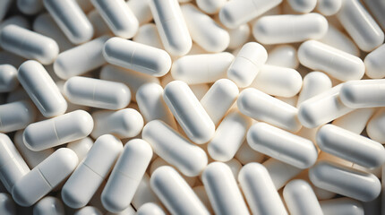 Medical Pills, Tablets and Capsules Scattered on Neutral Background. For medical, healthcare, pharmacy, drug advertising and pharmaceutical industry.