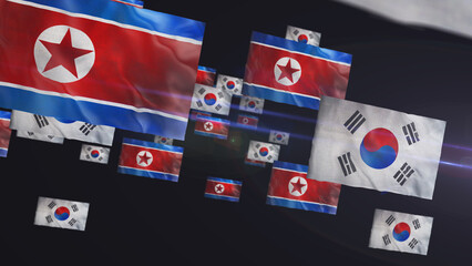 South Korea and North Korea waving flags 3d illustration