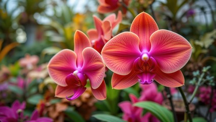 Closeup of Vibrant Pink Orchids Blooming in a Colorful Tropical Garden with Lush Greenery