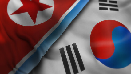 South Korea and North Korea waving flags 3d illustration