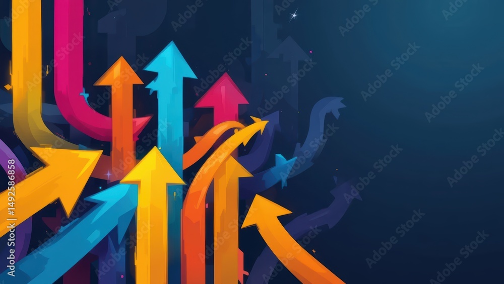Poster colorful arrows pointing in various directions against a dark background representing progress and g